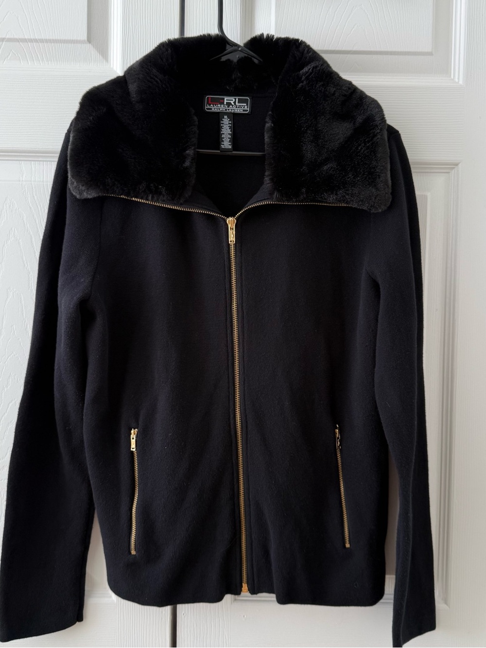 Ralph Lauren Black Zip-Front Pea Coat with Faux Fur Collar